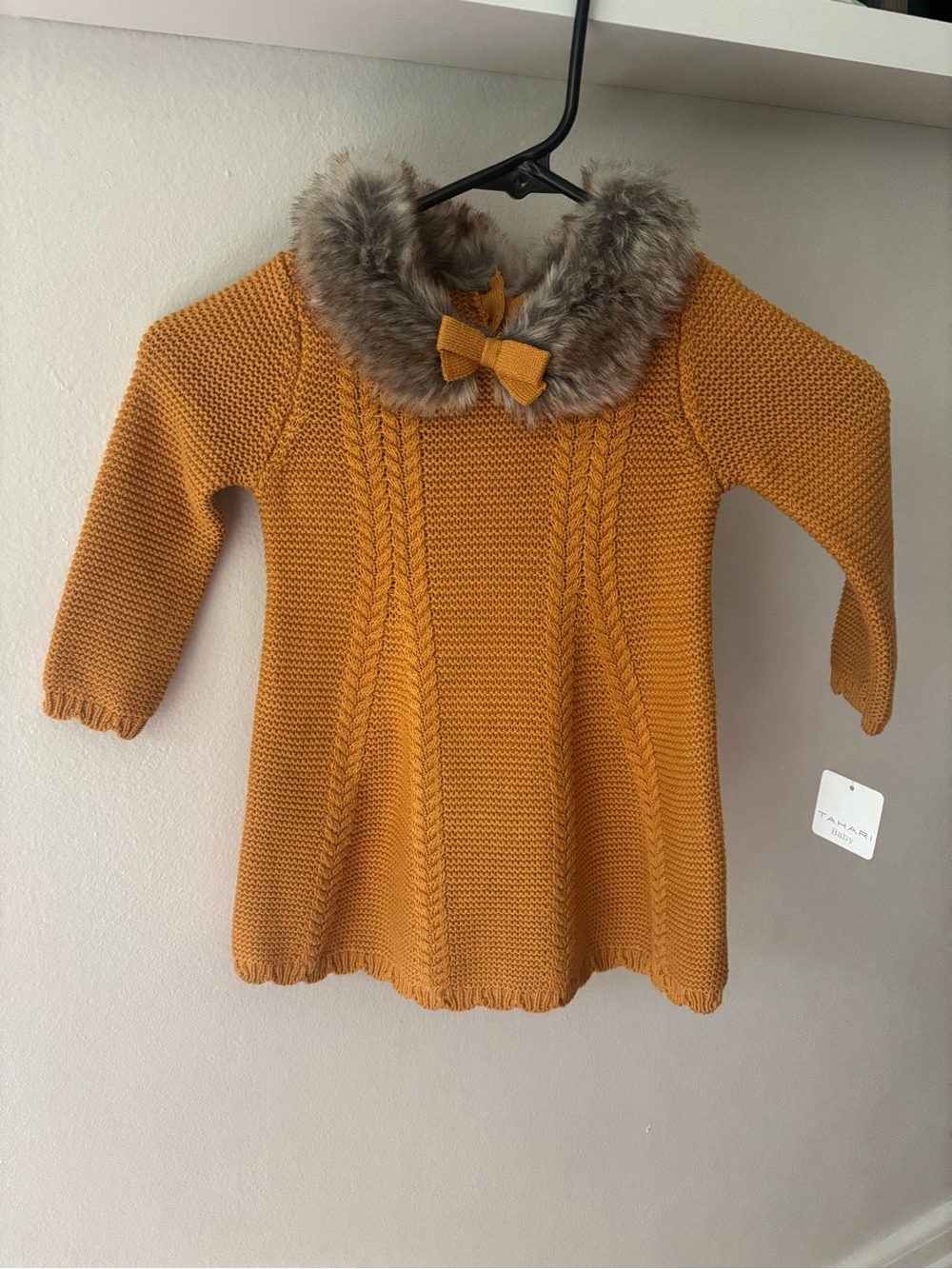 Tahari Mustard Knit Dress with Faux Fur Collar